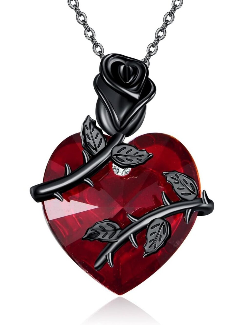 Gothic Black Rose Cross Necklace, 925 Sterling Silver Red Heart Pendant Jewelry